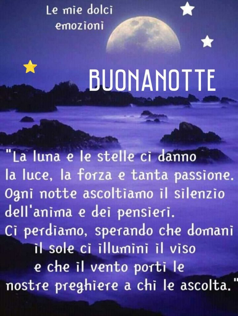 Buonanotte "La luna e le stelle ci danno la luce, la forza e tanta passione. Ogni notte ascoltiamo il silenzio dell'anima e dei pensieri. Ci perdiamo, sperando che domani il sole ci illumini il viso e che il vento porti le nostre preghiere a chi le ascolta"