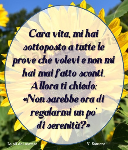 Cara vita, mi hai sottoposto a tutte le prove che volevi e non mi hai mai fatto sconti. Allora ti chiedo: "Non sarebbe ora di regalarmi un po'di serenità?"