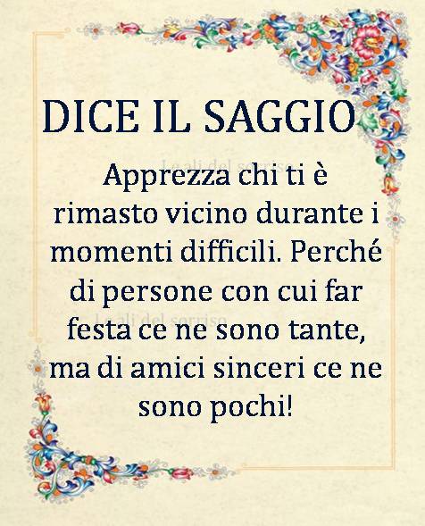 Dice il Saggio Apprezza chi ti è rimasto vicino durante i momenti difficili. Perché di persone con cui far festa ce ne sono tante, ma di amici sinceri ce ne sono pochi