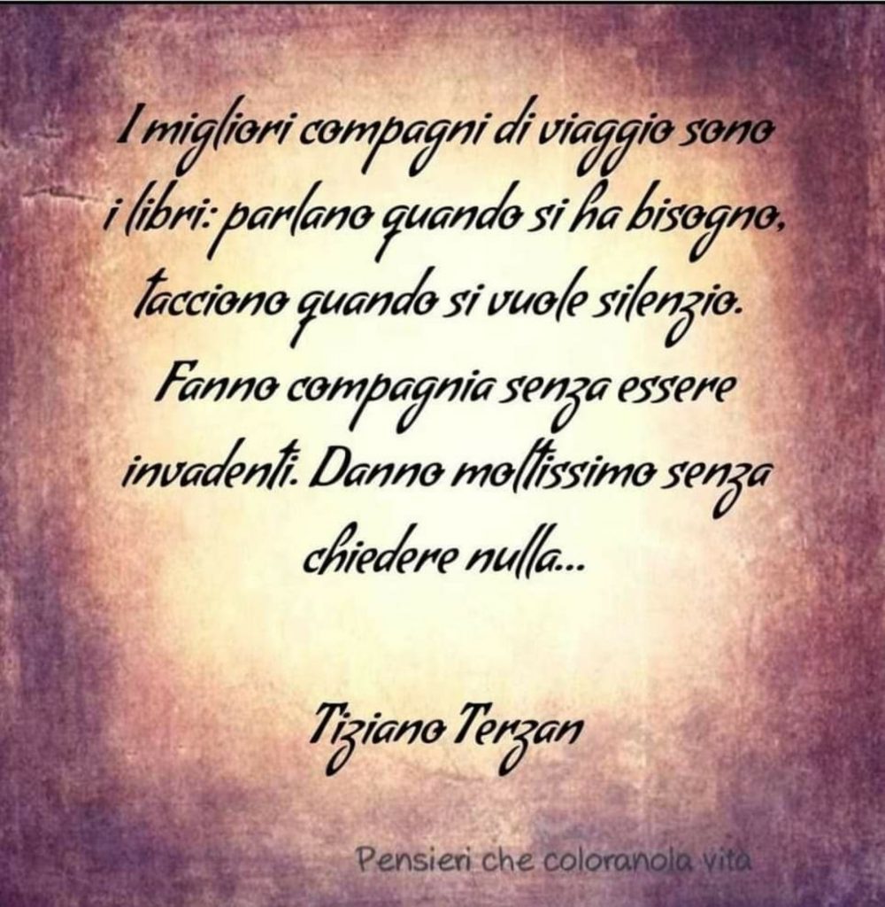 I migliori compagni di viaggio sono i libri: parlano quando si ha bisogno, tacciono quando si vuole silenzio. Fanno compagnia senza essere invadenti. Danno moltissimo senza chiedere nulla...