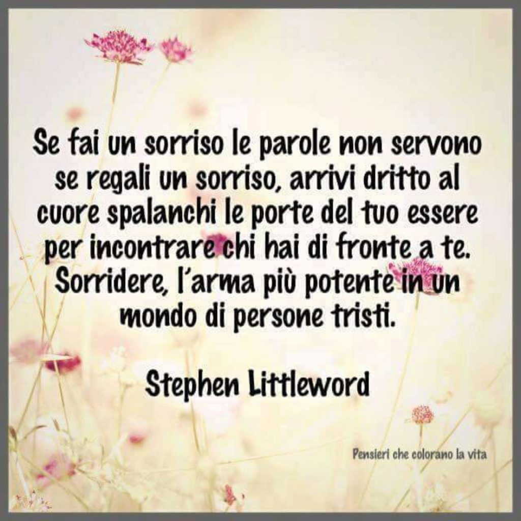 Se fai un sorriso le parole non servono se regali un sorriso, arrivi dritto al cuore spalanchi le porte del tuo essere per incontrare chi hai di fronte a te. Sorridere, l'arma più potente in un mondo di persone tristi 