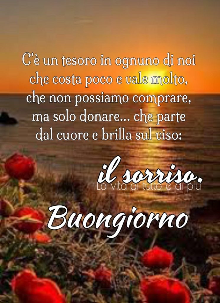 C'è un tesoro in ognuno di noi che costa poco e vale molto, che non possiamo comprare, ma solo donare... che parte dal cuore e brilla sul viso: il sorriso. Buongiorno